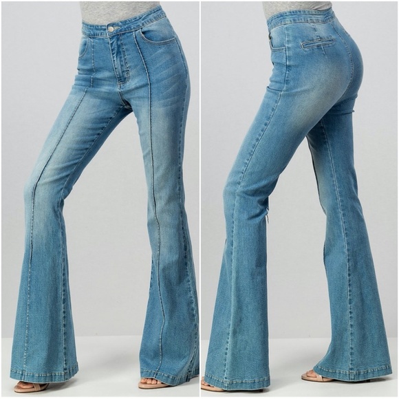 boho medium wash Wide leg flare Denim Pants - Picture 3 of 3